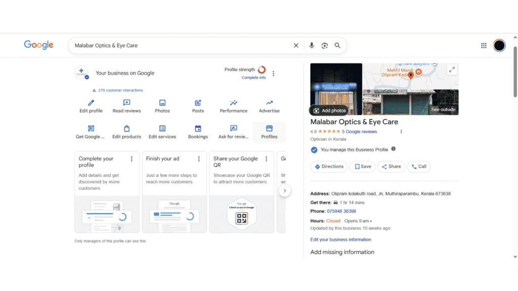 Malabar Optics Eye Care Google Business Profile showing 278 customer interactions - GMB optimisation result by Shaheerali digital marketer Malappuram